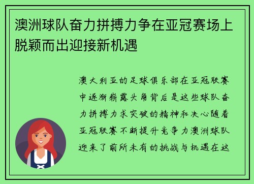 澳洲球队奋力拼搏力争在亚冠赛场上脱颖而出迎接新机遇